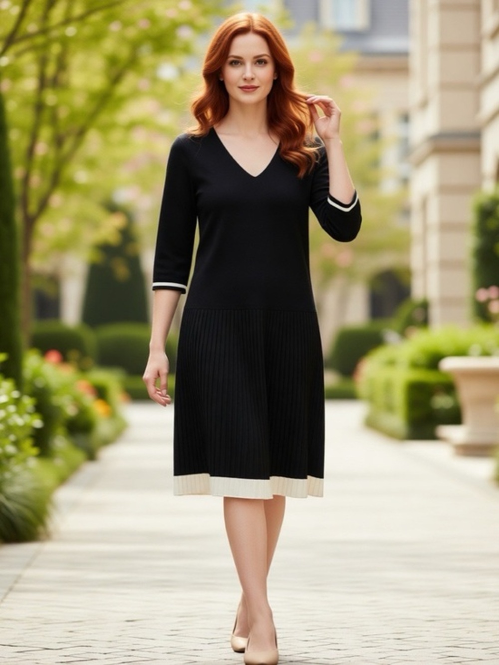 W by WORTH Silk Blend Black Knit Midi Dress w Pleated Skirt & Ivory Trim Sz: M